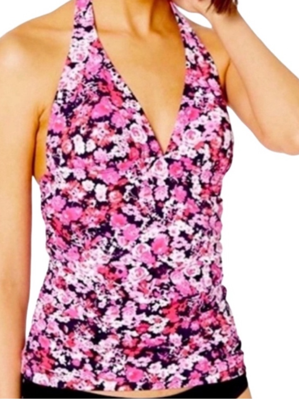 Nautica Tankini Swimsuit Halter Tie Top Floral Pink White Black Size S